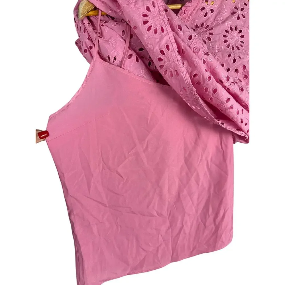 J. Crew Puff-Sleeve Popover Top in Pink Eyelet Size Large